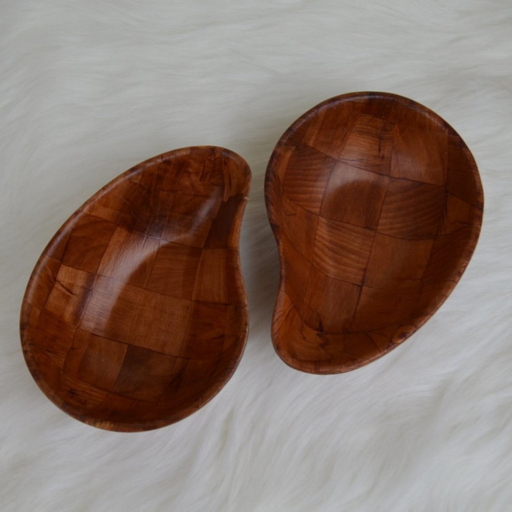 Vintage Parquet Wood tear drop bowl set of 2
